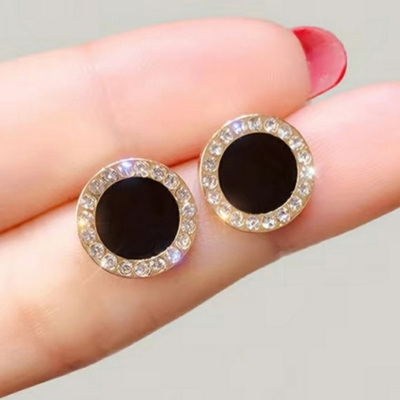 Rhinestone Round Black Earrings - Picture 1 of 4